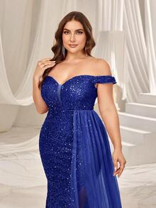 Faeriesty Elegant Curve-Hugging Plus Size Off-Shoulder Formal Evening Gown, High Slit Mermaid Tail Design, Crafted For Sophisticated Women | Perfect For Galas, Weddings, Formal Dinners, Awards Ceremonies And Charity Balls - Royal Blue - View 6