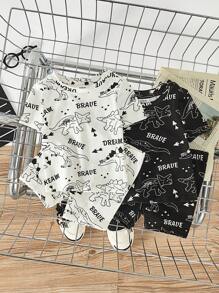 SHEIN Đứa bé trai Vừa Khít Hoạt hình Nhỏ bé Đồ họa khủng long Vòng cổ Ngắn tay Áo Và Quần short 4pcs Giải trí - Đen và trắng - Xem 3