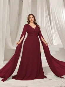 Faeriesty Plus Ruched Front Extra-Long Sleeve Chiffon Party Dress, Wedding Guest Dress - Burgundy - View 6