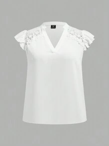 SHEIN Clasi 加大號蕾絲面板花卉刺繡網眼插入荷葉袖套頭上衣 - 白色 - 查看 1