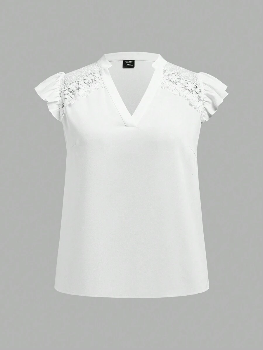 SHEIN Clasi 加大號蕾絲面板花卉刺繡網眼插入荷葉袖套頭上衣 - 白色 - 查看 1