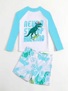青少年男孩口號卡通恐龍印花落肩袖上衣和短褲休閒泳裝套裝 - 藍色 - 查看 3