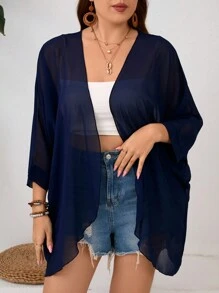 SHEIN Clasi Plus Size Plain See-Through Vacation Casual Coat - Royal Blue - View 6