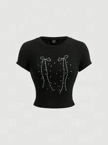 SHEIN MOD Camiseta de manga corta con lazo de strass para mujer talla grande de verano