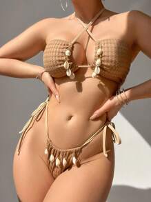 SHEIN Swim Women Vacation Cross Halter Strap Bikini Set Summer