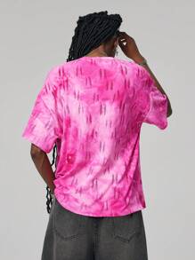 SHEIN EZwear Mulheres de Verão Camiseta Rosa Decote Solto Tingida com Amarrar e Mangas Curtas Rasgadas - Rosa - Ver 7