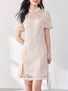 Elegant Summer Cheongsam Dress With Improved Lantern Sleeves And Chinese Style Buttoned Collar, Ladies Lace Qipao Dress - Orange - View 5