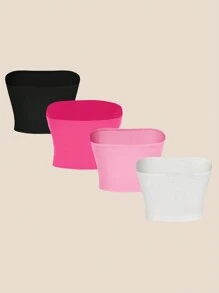 SHEIN Essnce 4入組/套休閒純色無肩帶修身上衣，夏季女式百搭打底襯衫 - 彩色 - 查看 2