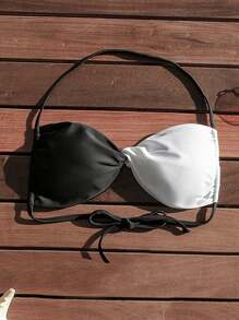 SHEIN Swim 女士彩色拼接頸掛比基尼上衣 - 黑與白 - 查看 5