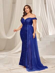 Faeriesty Elegant Curve-Hugging Plus Size Off-Shoulder Formal Evening Gown, High Slit Mermaid Tail Design, Crafted For Sophisticated Women | Perfect For Galas, Weddings, Formal Dinners, Awards Ceremonies And Charity Balls - Royal Blue - View 4