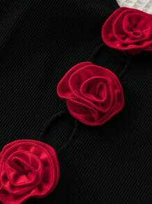 Soleia WYWH 女士度假风格红色 3D 玫瑰装饰镂空露脐波西米亚风夏季音乐节服装 - 黑色吊带背心