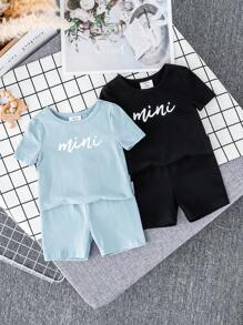 SHEIN 嬰兒男童貼身卡通動物圖案圓領長袖套頭衫和褲子套裝（4件） - 藍色 - 查看 1