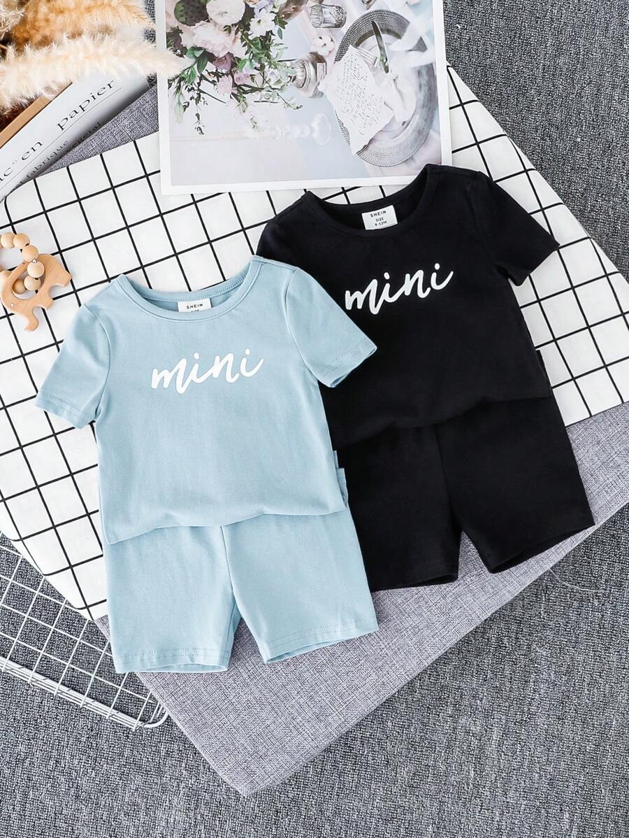 SHEIN 嬰兒男童貼身卡通動物圖案圓領長袖套頭衫和褲子套裝（4件） - 藍色 - 查看 1