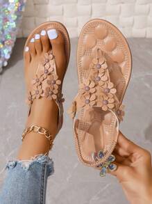 Sandalias planas de playa blancas para mujer de talla grande, nuevas sandalias tipo chanclas casuales con flores y rhinestones bohemias para mujer - Albaricoque - Ver 1