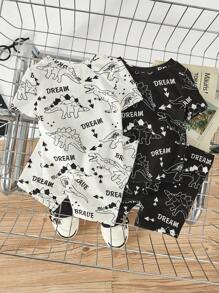 SHEIN Đứa bé trai Vừa Khít Hoạt hình Nhỏ bé Đồ họa khủng long Vòng cổ Ngắn tay Áo Và Quần short 4pcs Giải trí - Đen và trắng - Xem 2