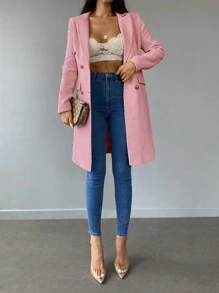 RueChic Lapel Collar Double Breasted Overcoat - Pink - View 4