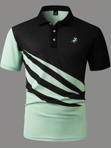 Manfinity Homme 男士夏季騎士印花條紋短袖休閒Polo衫 - 綠色 - 查看 4