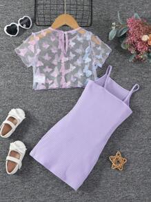 Young Girl 2pcs/Set 3d Floral Mesh Top & Cami Dress - Purple - View 2
