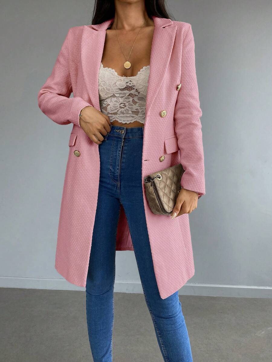 RueChic Lapel Collar Double Breasted Overcoat - Pink - View 1
