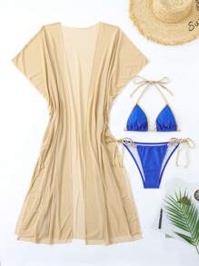 SHEIN Swim 女士色塊比基尼套裝，帶包邊，領繩，三角杯，適用於夏季海灘度假，附有遮罩衣 - 彩色 - 查看 8