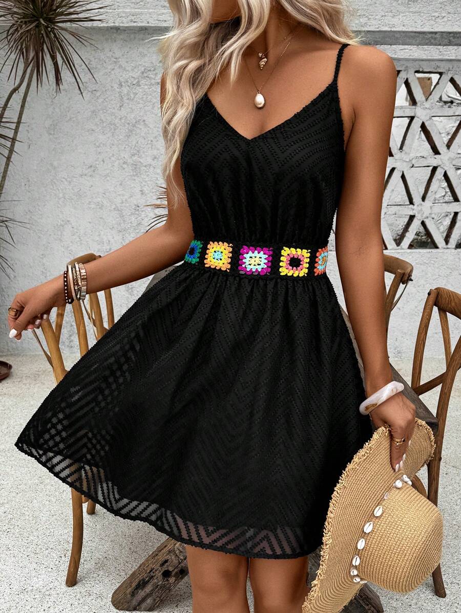 SHEIN Clasi Women's Summer Floral Print Spaghetti Strap Romper For Vacation - Black - View 1