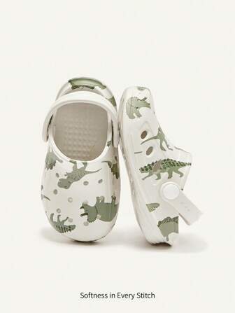 Kids Cute And Fun Dinosaur Print Cartoon Baby Clogs, Fashionable And Casual Outdoor Slippers