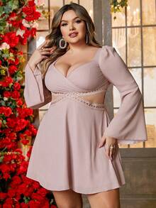 Double Crazy Vestido brillante escote corazón de manga con volante con abertura con encaje cintura - Rosa vieja - Ver 5