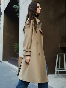 女士双排扣翻领长袖风衣