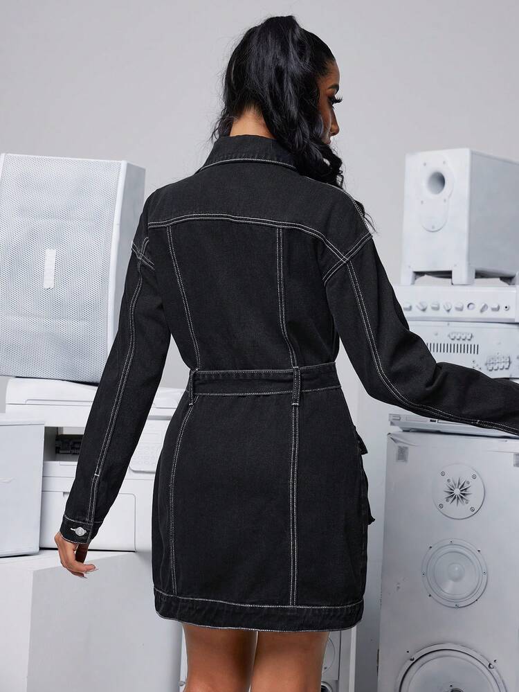 Women Long Sleeve Casual Denim Jumpsuit With Workwear Pocket Design And Washed Finish
