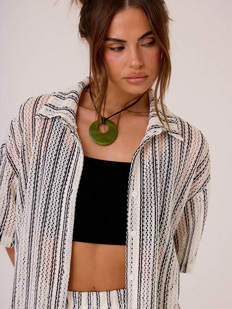 Textured Stripe Oversized Short Sleeve Shirt Vacation Spring Summer Holiday