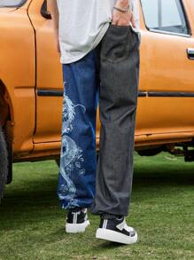 SHEIN Teen Boy Casual Wash Color Contrast Pattern Dragon Print Fashion Street Comfortable Baggy Jeans For Vacation And Dailywear - Multicolor - View 2