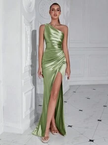 ADYCE Women's Fashion Asymmetrical Neck Ruched Slit Cocktail Party Dress For Dancing/Ball Elegant Formal Evening Prom Wedding Guest Gown, For Graduation, Dinner Formal Dresses