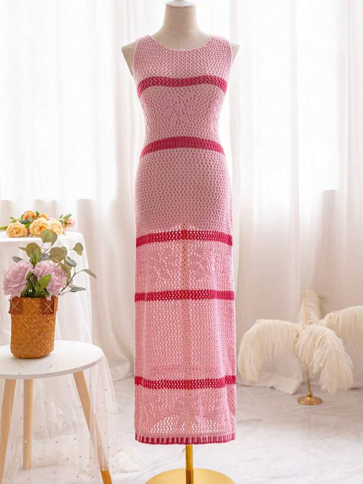Color Block Striped Hollow Out Knitted Sleeveless Sweater Dress For Vacation