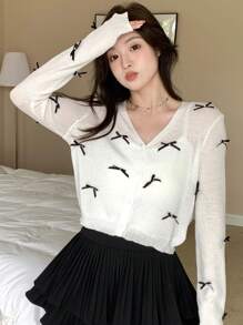 DAZY Ladies Loose Fit Cardigan With Bow Decoration, V-Neck, And Long Sleeves