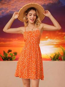 Aveloria Backless Tie Strap Daisy Floral Print Slip Dress, Breezy Resort-Style - Orange - View 5