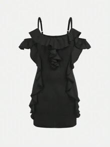 Teen Girl Lace Trimmed Solid Color Simple Style Sundress - Black - View 1