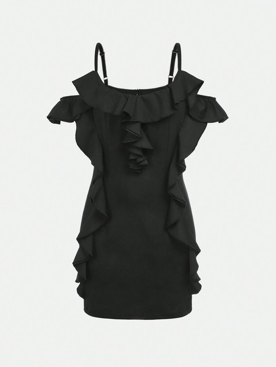 Teen Girl Lace Trimmed Solid Color Simple Style Sundress - Black - View 1