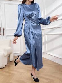 Modelyn Women's Puff Sleeve Twist Front Satin Mini Dress Long Evening Dresses