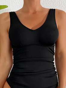 SHEIN Swim Summer Solid Color Ribbed One-Piece Swimsuit With Back Tie, Suitable For Beach Or Pool - الأسود - مشاهدة 3