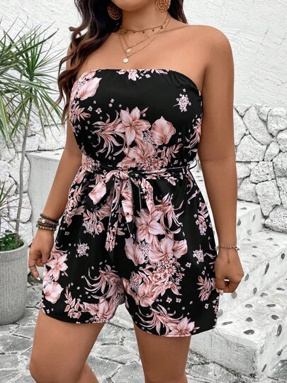 Breezaya Plus Size Boho Floral Print Strapless Romper With Waist Belt, Perfect For Vacation In Spring And Summer