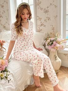 Conjunto de pijama con estampado floral y ribete de encaje / Conjunto de pijama blanco - Blanco - Ver 5