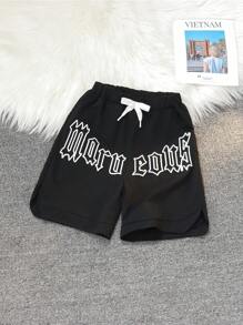 SHEIN Summer Young Boy Casual Letter Print Bow Bermuda Shorts