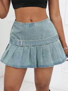 SHEIN SXY 夏季復古百褶迷你牛仔裙，側面開叉設計 - 中等水洗藍 - 查看 4