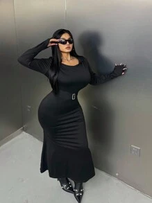 Flirla Plus Size Women's Casual Hooded Mermaid Hem Dress