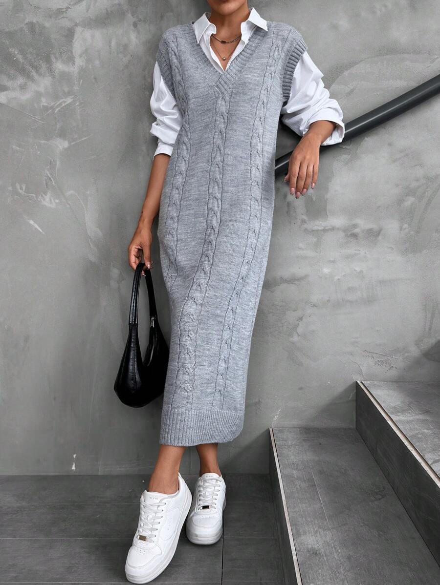 SHEIN Rochie pulover fără mâneci, de primăvară/toamnă, ocazională, de culoare uni, cu decolteu în V - Gri - Vizualizare 1