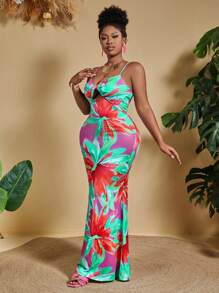 Slaydiva 大码女式热带假日印花连衣裙，前部带有扭纹细节，夏季 - 玫紅色 - 查看 3