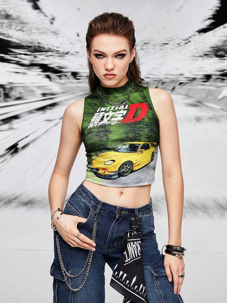 Green RX-7 Car Printed Tight Fit Tank Top For Women, Summer, With Mock Neck, Cool Girl Style And Knitted Elasticity