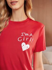 Women Letter Print Short Sleeve Top And Heart Pattern Shorts Sleepwear Set For Summer