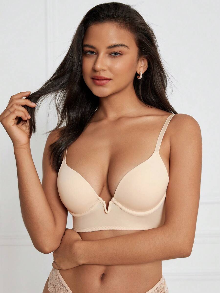 素色十字交叉鋼圈文胸 - 杏色 - 查看 1