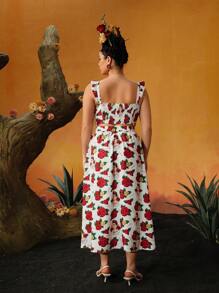 Frida Kahlo X SHEIN Co-Ords Ukuran Plus Ruffle Zip Split Thigh Bunga Buah&Sayuran Plants All Over Print Boho - Red and White - View 2